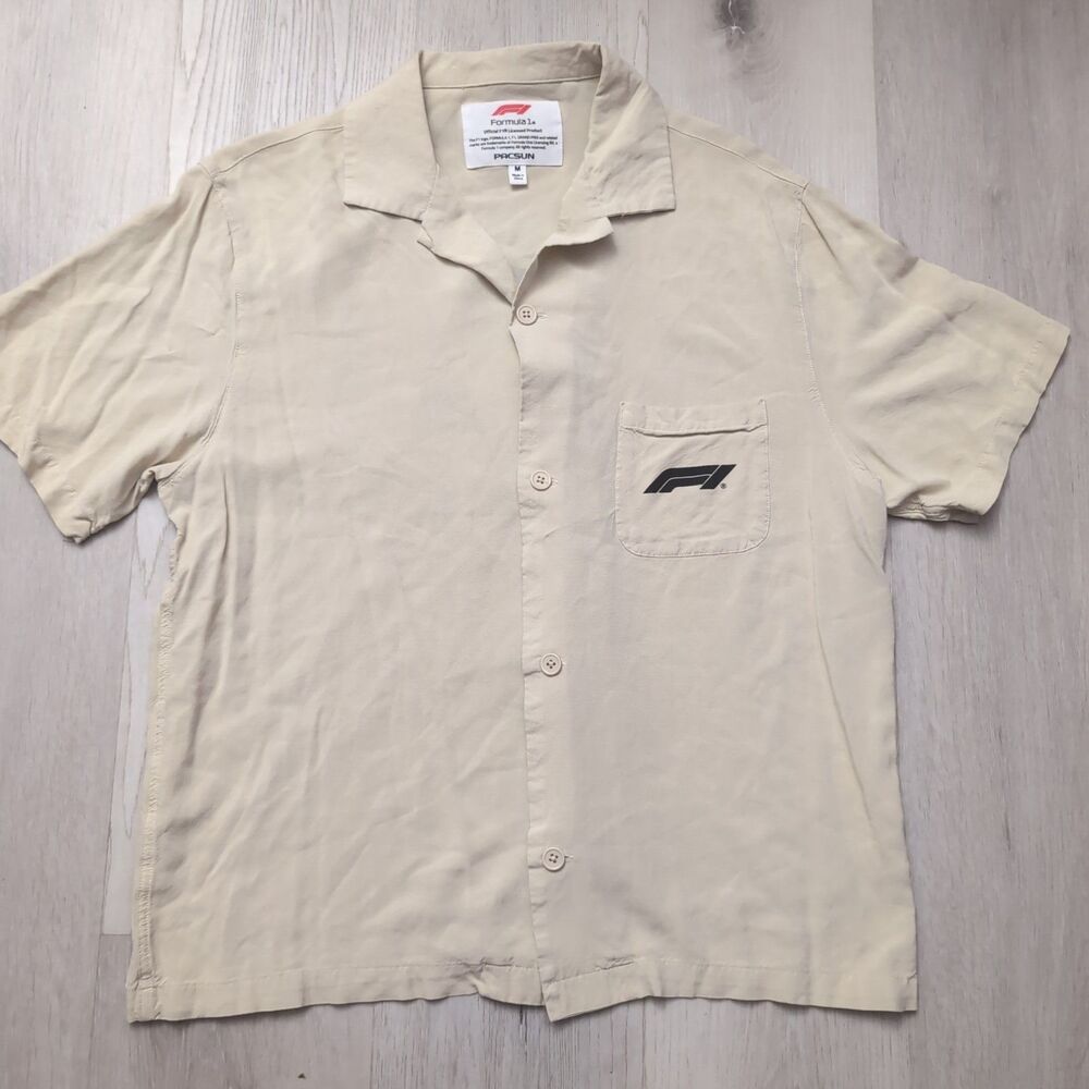 Pacsun Formula 1 Button Pocket Short Sleeve Shirt Men Medium Tan Racing